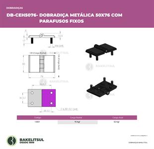 DOBRADIÇA METÁLICA 50X76 PINO INOX PARAFUSOS FIXOS 13501 