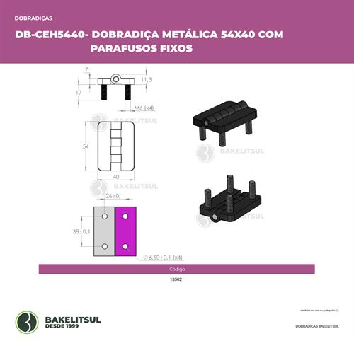 DOBRADIÇA METÁLICA 54X40 PINO INOX PARAFUSOS FIXOS 13502 