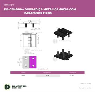DOBRADIÇA METÁLICA 60X64 PINO INOX PARAFUSOS FIXOS 13503 