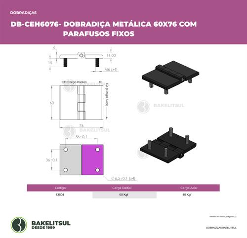 DOBRADIÇA METÁLICA 60X76 PINO INOX PARAFUSOS FIXOS 13504 