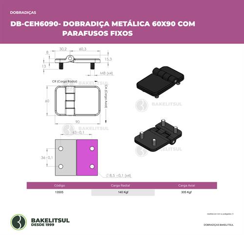 DOBRADIÇA METÁLICA 60X90 PINO INOX PARAFUSOS FIXOS 13505 