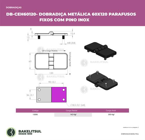 DOBRADIÇA METÁLICA 60X120 PINO INOX PARAFUSOS FIXOS 13506 