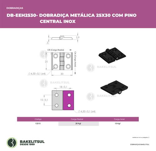 DOBRADIÇA METÁLICA 25X30 COM FUROS ESCAREADOS PINO INOX 13510 