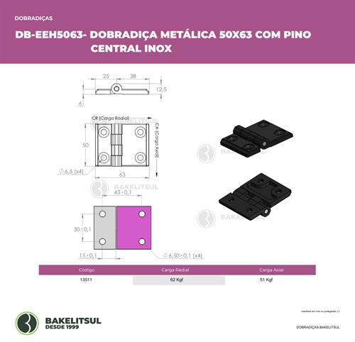 DOBRADIÇA METÁLICA 50X63 COM FUROS ESCAREADOS PINO INOX 13511 