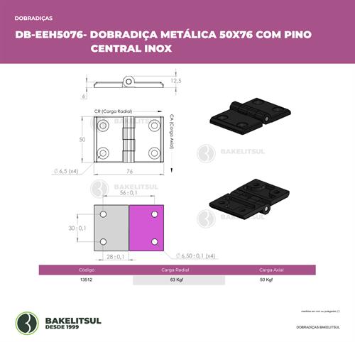 DOBRADIÇA METÁLICA 50X76 COM FUROS ESCAREADOS PINO INOX 13512 