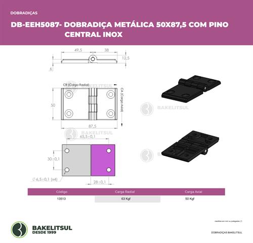 DOBRADIÇA METÁLICA 50X87,5 COM FUROS ESCAREADOS PINO INOX 13513 