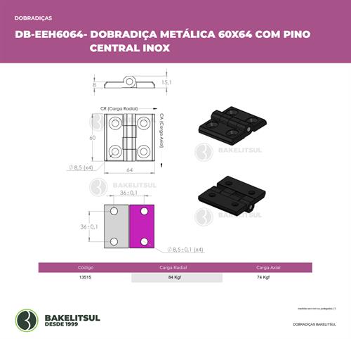 DOBRADIÇA METÁLICA 60X64 COM FUROS ESCAREADOS PINO INOX 13515 