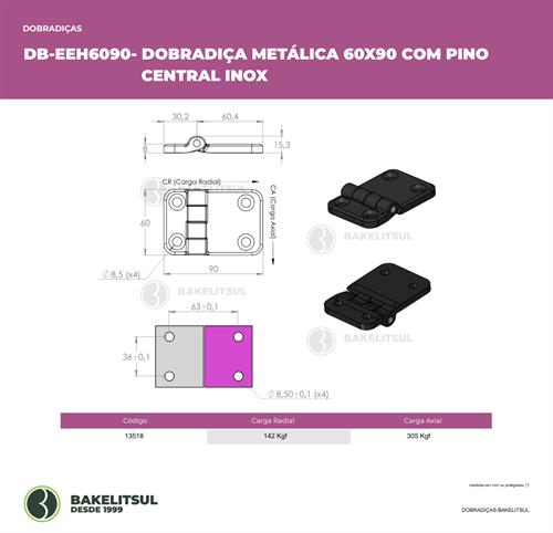 DOBRADIÇA METÁLICA 60X90 COM FUROS ESCAREADOS PINO INOX 13518 