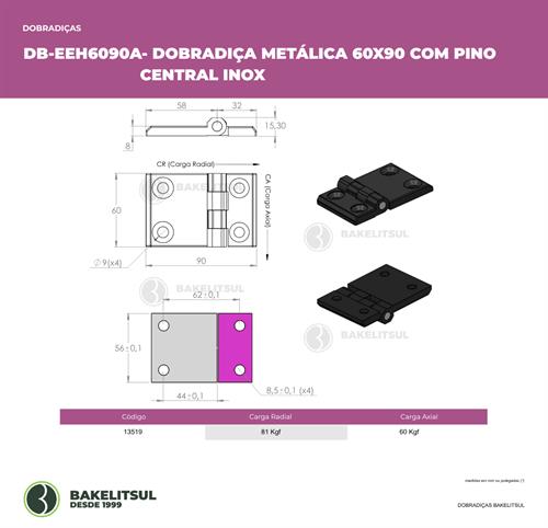 DOBRADIÇA METÁLICA 60X90 COM FUROS ESCAREADOS PINO INOX MODELO A 13519 
