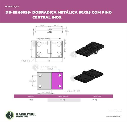 DOBRADIÇA METÁLICA 60X95 COM FUROS ESCAREADOS PINO INOX 13520 