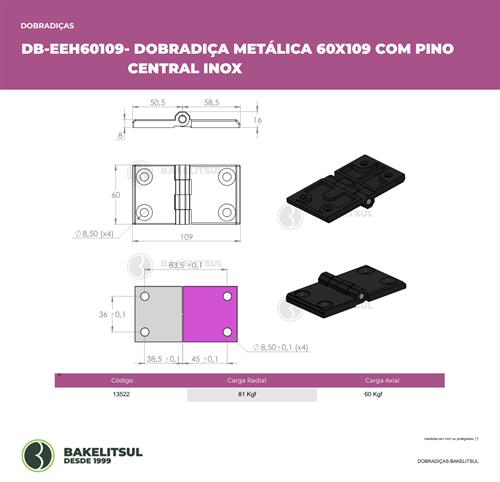 DOBRADIÇA METÁLICA 60X109 COM FUROS ESCAREADOS PINO INOX 13522 