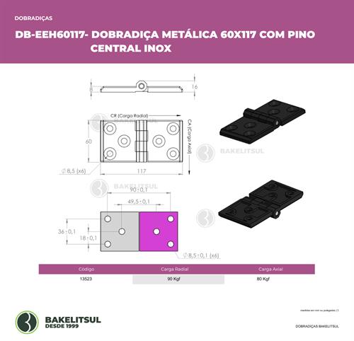 DOBRADIÇA METÁLICA 60X117 COM FUROS ESCAREADOS PINO INOX 13523 