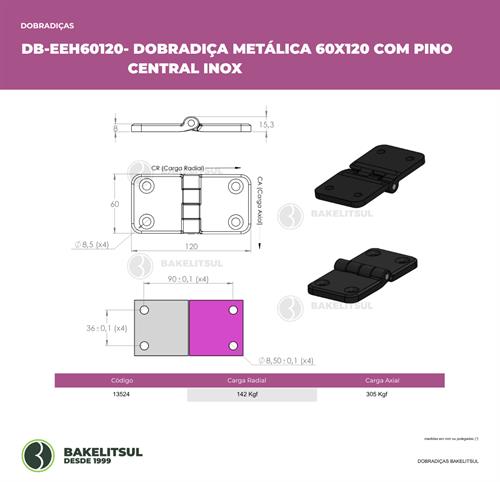 DOBRADIÇA METÁLICA 60X120 COM FUROS ESCAREADOS PINO INOX 13524 